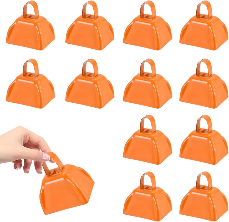 HEYLEAYAR 3Inch Cowbells for Sporting Events,12Pcs Metal Cow Bells Bulk Loud Noise Makers Cow Bell with Handle for Cheering Football Games Spirit Marathon Weddings Party Noisemakers, Orange - Image 1